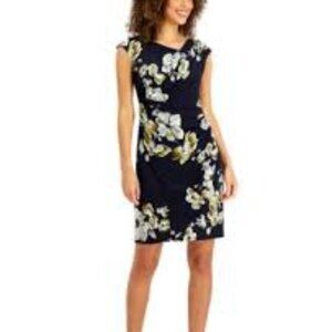 Connected Asymmetrical-Neck Printed Sheath Dress Size 16 Floral Black Dress